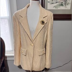 St. John Cream Gold Textured Blazer with signature lapel pin